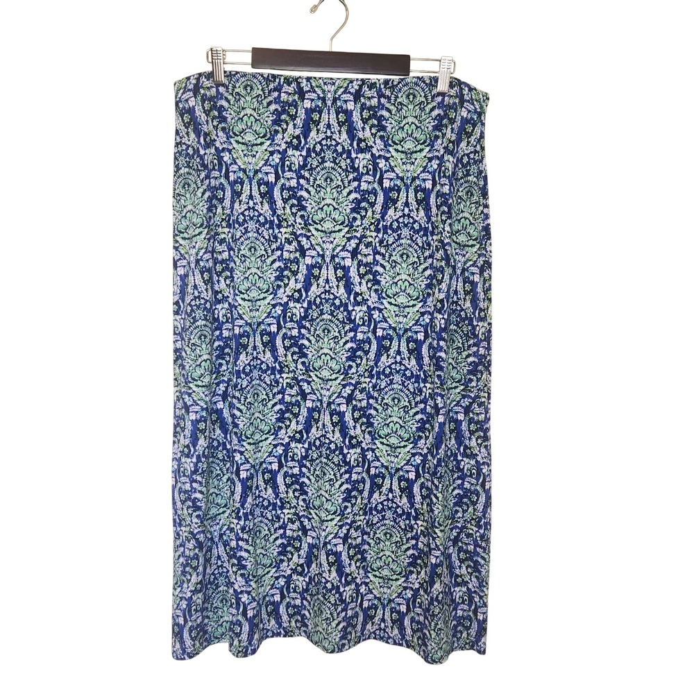 J Jill Blue Green Paisley Damask Midi Skirt Large Pull On EcoVero Stretch Fabric